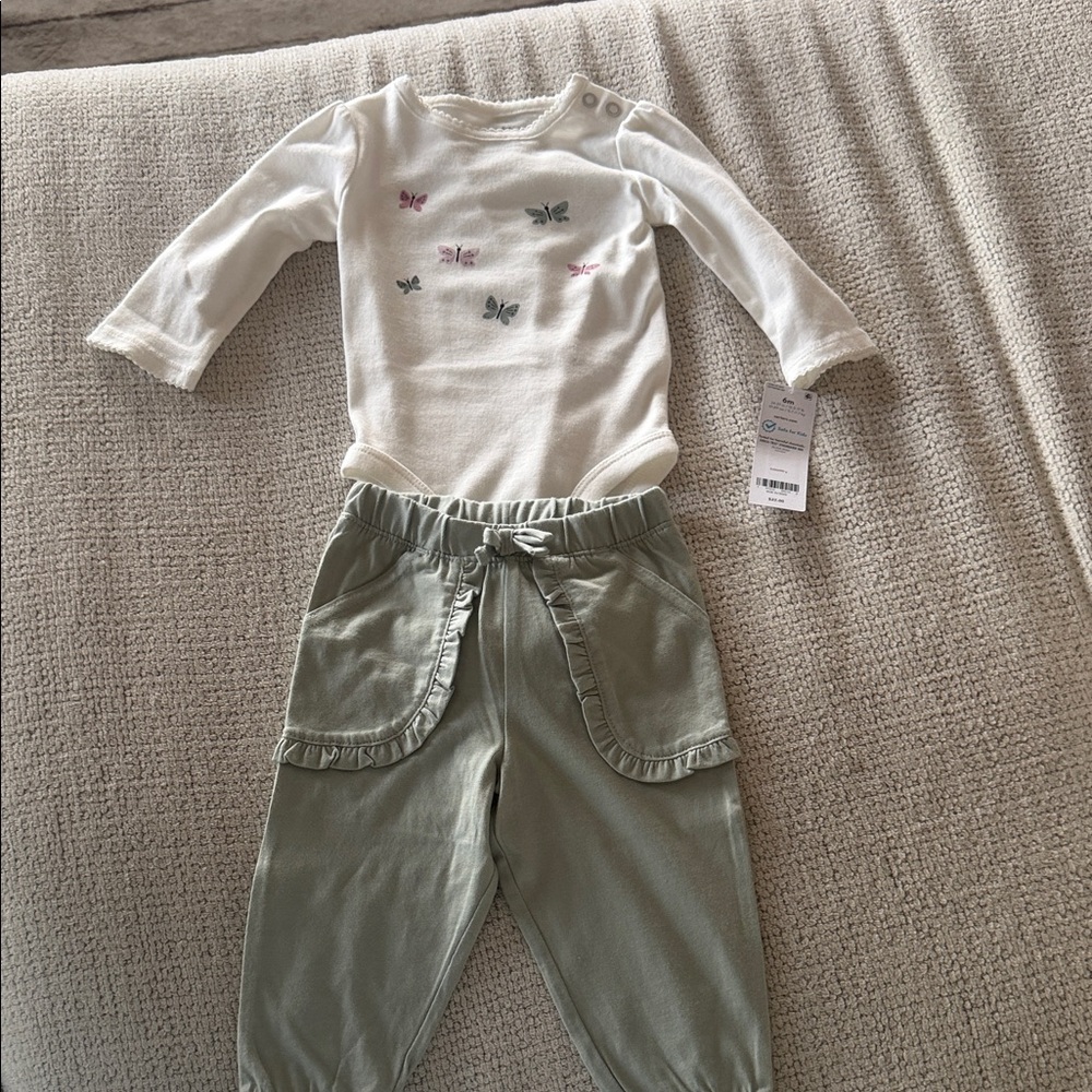 Carter's Cream Butterfly Bodysuit with Sage Green Ruffle Pocket Pants